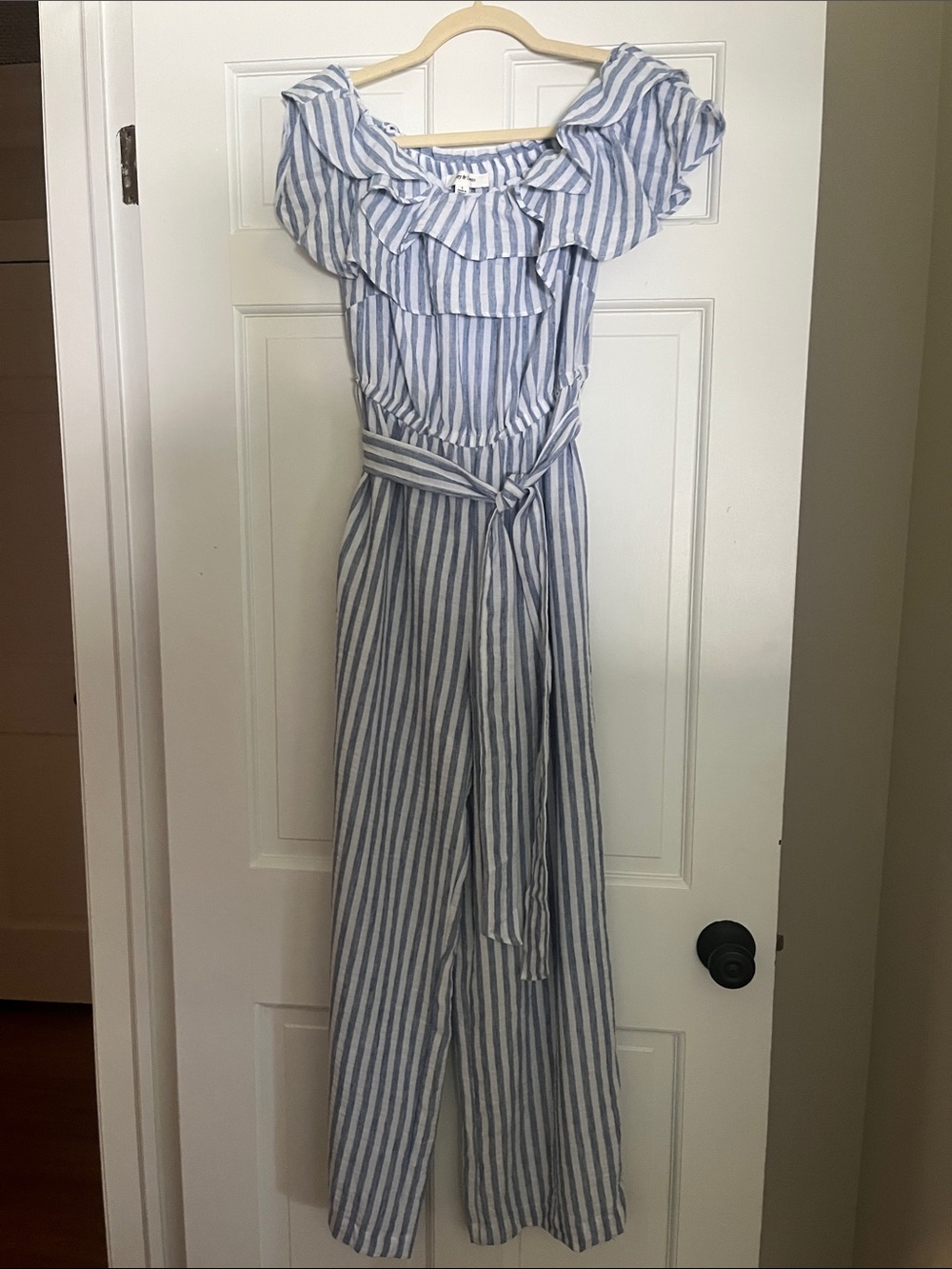NWT Striped Off-Shoulder Ruffle Jumpsuit in Light Blue and White